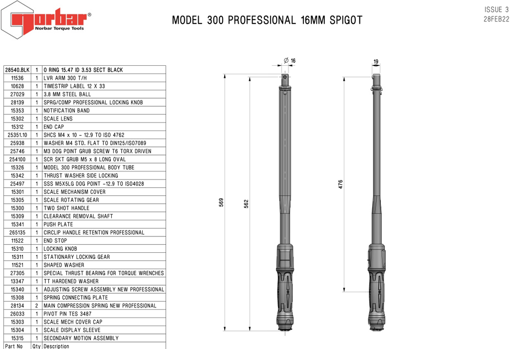 Torque Wrench  30-150 ft/lbs x 16.5 long x 16mm Round Spigot